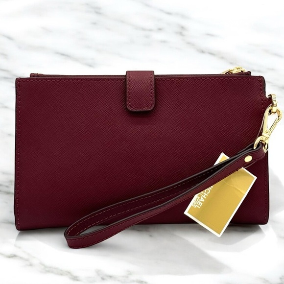 Michael Kors Large Jet Set Travel Double Zip Wallet Dark Cherry - Picture 5 of 9